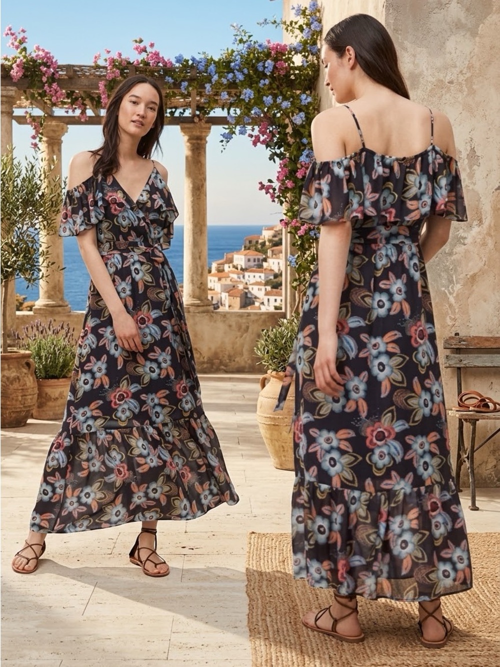 Ann Taylor LOFT Muliticolor Floral Cold Shoulder Ruffle Maxi Dress